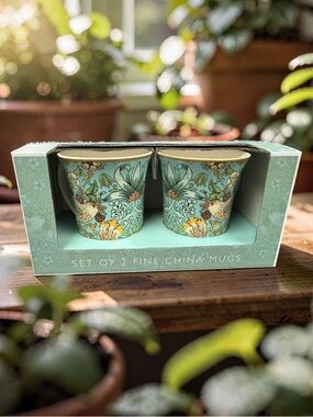 William Morris NWT Set of 2 Strawberry Thief Fine China Mugs Aqua Floral & Bird